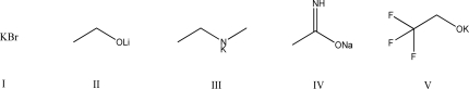 Which of the following bases would make an E2 reaction occur at the fastest rate?   A) I B) II C) III D) IV E) V