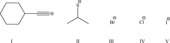 Which is the best (strongest) nucleophile for an S<sub>N</sub>2 reaction?   A) I B) II C) III D) IV E) V
