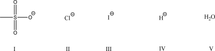 Which of the following leaving groups will provide the fastest rate of reaction in an S<sub>N</sub>1 mechanism?   A) I B) II C) III D) IV E) V