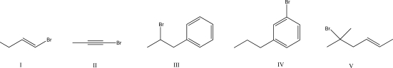 Which of the following halides would undergo an S<sub>N</sub>2 reaction at the fastest rate?   A) I B) II C) III D) IV E) V