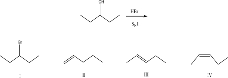 What is the most likely product of the following reaction?   A) I B) II C) III D) An equal mix of III and IV E) An equal mix of II and IV