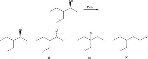 What is the most likely product of the following reaction?   A) I B) II C) III D) IV E) A racemic mixture of I and II