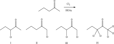 What is the most likely product of the following reaction?   A) I B) II C) III D) IV E) A mixture of I and II