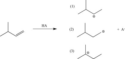 The electrophilic addition step in the reaction below can result in three carbocation intermediates.Rank these carbocation intermediates in order of increasing stability.   A) 2 < 3 < 1 B) 2 < 1 < 3 C) 1 < 2 < 3 D) 3 < 2 < 1 E) 1 < 3 < 2