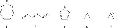 Which of the following molecules is aromatic?   A) I B) II C) III D) IV E) V