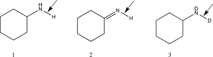 Which of the following choices correctly ranks the molecules shown below in order of increasing stretching vibrational frequency?   A) 1 < 2 < 3 B) 1 < 3 < 2 C) 3 < 1 < 2 D) 3 < 2 < 1 E) 2 < 1 < 3
