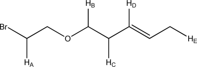 Which hydrogen atom has the greatest chemical shift?   A) H<sub>A</sub> B) H<sub>B</sub> C) H<sub>C</sub> D) H<sub>D</sub> E) H<sub>E</sub>