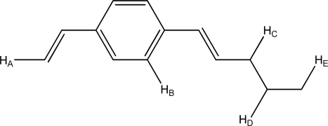 Which hydrogen type has the smallest integration value?   A) H<sub>A</sub> B) H<sub>B</sub> C) H<sub>C</sub> D) H<sub>D</sub> E) H<sub>E</sub>