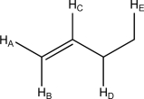 Which will produce the largest coupling constant?   A) H<sub>A</sub> coupling to H<sub>B</sub> B) H<sub>A</sub> coupling to H<sub>C</sub> C) H<sub>B</sub> coupling to H<sub>C</sub> D) H<sub>C</sub> coupling to H<sub>D</sub> E) H<sub>D</sub> coupling to H<sub>E</sub>