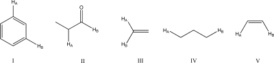 Which molecule will have the greatest coupling constant between H<sub>A</sub> and H<sub>B</sub>?   A) I B) II C) III D) IV E) V