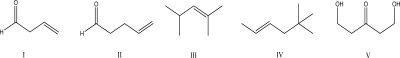 Which molecule has a triplet of doublets in its <sup>1</sup>H NMR spectrum?   A) I B) II C) III D) IV E) V