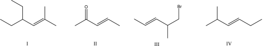 Which molecule does not have a doublet of doublets in its <sup>1</sup>H NMR spectrum?   A) I B) II C) III D) IV E) V