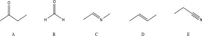 Which of the following molecules would be unlikely to undergo a nucleophilic addition reaction?   A) A B) B C) C D) D E) E