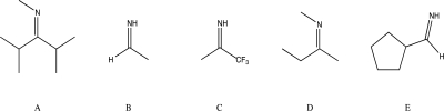 Which of the following compounds would you expect to react with a nucleophile at the lowest rate?   A) A B) B C) C D) D E) E