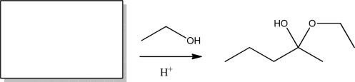 Which of the following is true regarding the incomplete reaction scheme below?   A) The reaction can only be completed in acidic conditions. B) The product is called an acetal. C) The starting material for this reaction is an aldehyde. D) The mechanism for this reaction requires a nucleophilic elimination step. E) The reaction is reversed using excess water and H<sup>+</sup>.