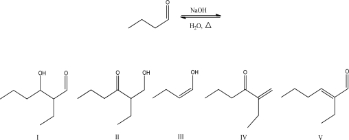 What is the aldol condensation product for the following reaction?   A) I B) II C) III D) IV E) V