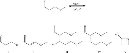 What is the aldol condensation product for the following reaction?   A) I B) II C) III D) IV E) V