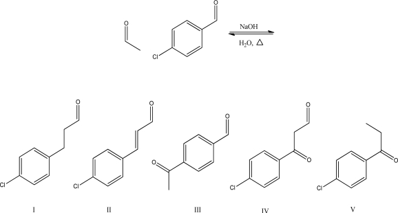 What is the product of the following crossed aldol condensation?   A) I B) II C) III D) IV E) V