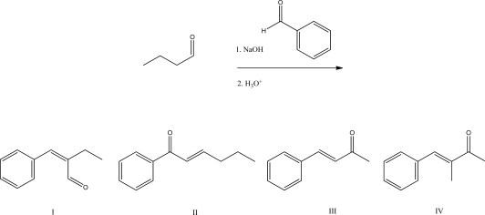 What is the product of the following crossed aldol condensation?   A) I B) II C) III D) IV E) None of these is the crossed aldol product.