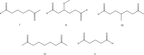 Which of the following molecules cannot undergo an intramolecular aldol condensation when treated with NaOH?   A) I B) II C) III D) IV E) V