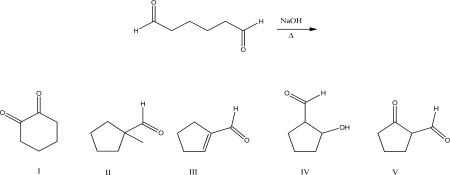 What is the major product of the following intramolecular aldol reaction?   A) I B) II C) III D) IV E) V