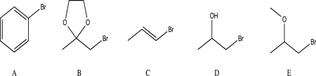 Which of the following alkyl halides will not form a Grignard reagent when reacted with magnesium?   A) A B) B C) C D) D E) E