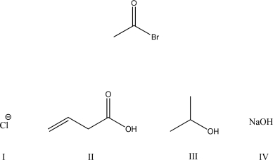 Which nucleophile will readily react with the following compound to produce an energetically more stable product?   A) I B) II C) III D) IV E) All of the above (a-d)  will react to produce a more energetically stable product.