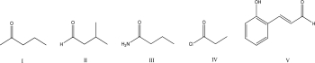 Which of the following compounds will not react with NaBH<sub>4</sub>?   A) I B) II C) III D) IV E) V