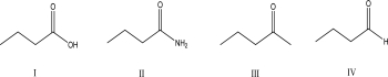 Which of the following compounds will not react with LiAlH<sub>4</sub>?   A) I B) II C) III D) IV E) They all react with LiAlH<sub>4</sub>.