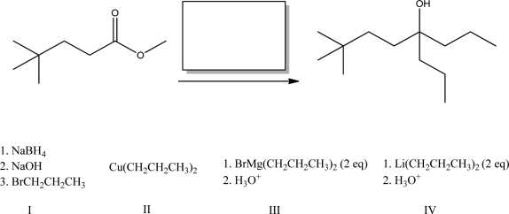 Which of the following reagents will best complete the reaction below?   A) I B) II C) III D) IV E) Both III and IV will complete the reaction.