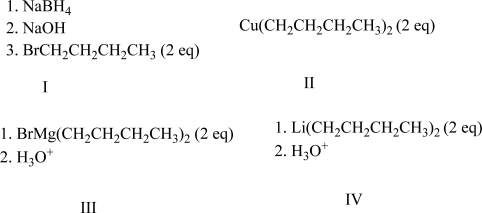 Which reagent(s) best complete the following reaction?     A) I B) II C) III D) IV E) Both III and IV will complete the reaction.