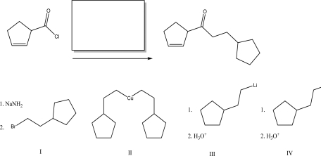 Which of the following reagents will best complete the reaction below?   A) I B) II C) III D) IV E) Both III and IV will complete the reaction.