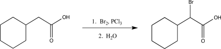 What is the role of PCl<sub>3</sub> in the following reaction?   A) It converts the carboxylic acid to an enolizable acid chloride. B) It acts as a base and deprotonates the α carbon. C) It converts the carboxylic acid to an acid bromide. D) It activates Br<sub>2</sub> and forms a better nucleophile. E) It increases the rate of the reaction.