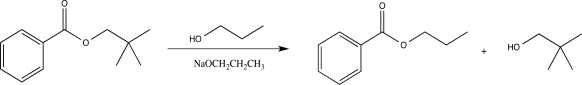 The reaction below is an example of a(n) ________ reaction.   A) alcoholysis B) base-catalyzed transesterification C) saponification D) acid-catalyzed transesterification E) ester hydrolysis