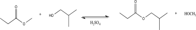 The acid-catalyzed transesterification reaction shown below is reversible.What are two specific things you could do to increase the yield of products?  
