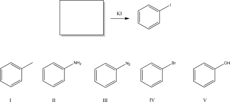 What is the starting material that best completes the following reaction?   A) I B) II C) III D) IV E) V