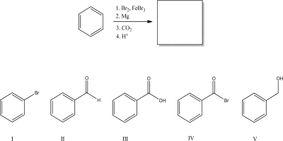 What is the most likely product of the following set of reactions?   A) I B) II C) III D) IV E) V
