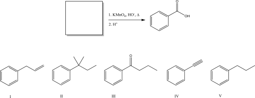 Which of the following starting materials will not produce benzoic acid when treated with hot KMnO<sub>4</sub>?   A) I B) II C) III D) IV E) V