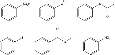 How many of the following molecules will undergo chlorination at a higher rate than benzene and will produce ortho/para-substituted products?   A) One B) Two C) Three D) Four E) Five