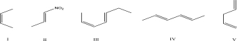 Which of the following can be used as the required diene in a Diels-Alder reaction?   A) I B) II C) III D) IV E) V