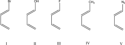 Which of the following dienes would react fastest in a Diels-Alder reaction?   A) I B) II C) III D) IV E) V