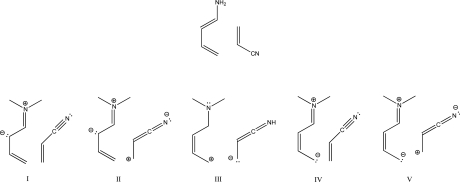 Which set of resonance structures is responsible for determining the regiochemistry of the Diels-Alder reaction between the following diene and dienophile?   A) I B) II C) III D) IV E) V