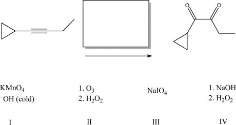 What reagent(s) will complete the following reaction?   A) I B) II C) III D) IV E) None of these will complete the reaction.