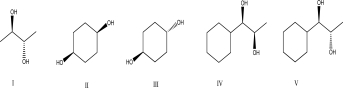 Which diol can be created by treating an alkene with cold KMnO<sub>4</sub> or OsO<sub>4</sub>?   A) I B) II C) III D) IV E) V