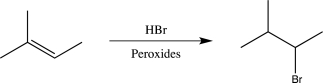 Which of the following elementary steps does not occur in the reaction below?   A) Bond homolysis B) Electrophilic addition C) Radical addition D) Bimolecular homolytic substitution E) All of these steps occur in the reaction shown.