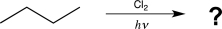 The chlorine radical abstracts a hydrogen atom from a secondary carbon in preference to a hydrogen atom on a primary carbon in a 4.5:1 ratio.Draw the two possible products that could be obtained from the reaction below,and compute the expected percentage of each product,taking into account the number of each type of hydrogen and the selectivity of chlorine.  