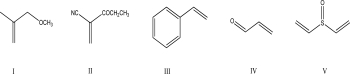 Which of the following monomers would react the slowest in an anionic polymerization initiated by the addition of butyl lithium?   A) I B) II C) III D) IV E) V