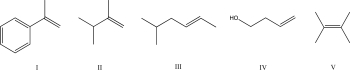 Which of the following monomers would undergo cationic polymerization at the fastest rate after treatment with acid?   A) I B) II C) III D) IV E) V