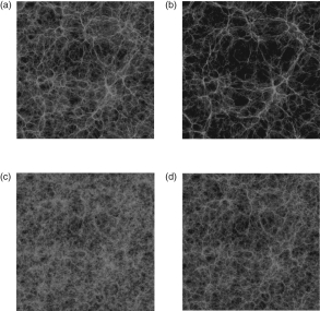  Figure 1 -Figure 1 shows images taken from the Bolshoi simulation of the formation of the large-scale structure in the universe. Which one of these images represents the state of the universe at the highest redshift? A)  A B)  B C)  C D)  D E)  All of these occur at the same redshift, just in different regions of the universe.