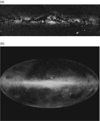 Below are two images of the Milky Way at different wavelengths. Which one was taken at infrared wavelengths, and why do you think so?   A)  A; there are many cool stars in the image, which emit a lot of infrared light. B)  A; the dust in the galaxy mainly blocks infrared light and lets visible light through. C)  B; we see mainly warm dust emitting thermal radiation. D)  B; infrared light passes through the dust so we can see the galaxy's structure more clearly. E)  B; stars in the central bulge shine only at infrared wavelengths.